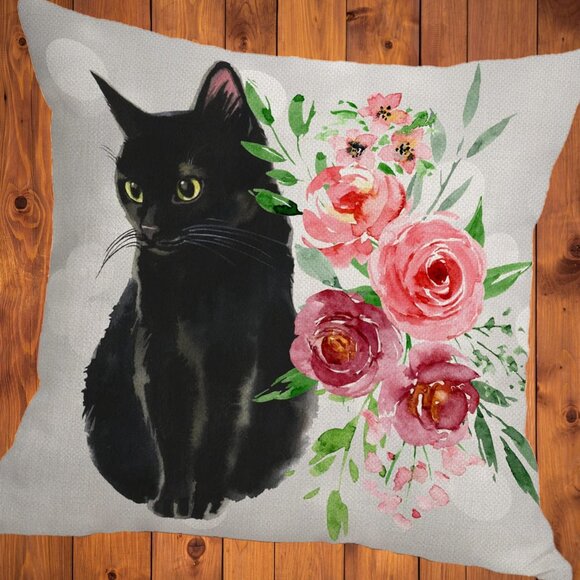 Black Cat Pillow Cover Decorative Throw Case Floral Decor Sofa Couch Accent 18" - Picture 1 of 6